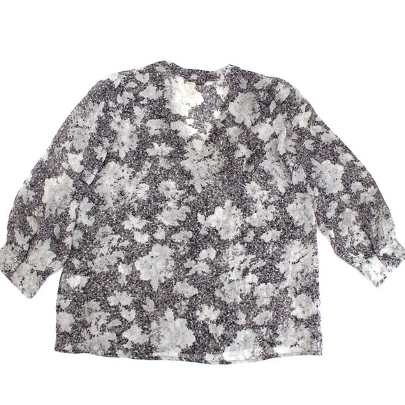 Joie Silk Blouse XS Gray White Floral Semi Sheer V Neck Puff Sleeve 34 Sleeve - Picture 6 of 12